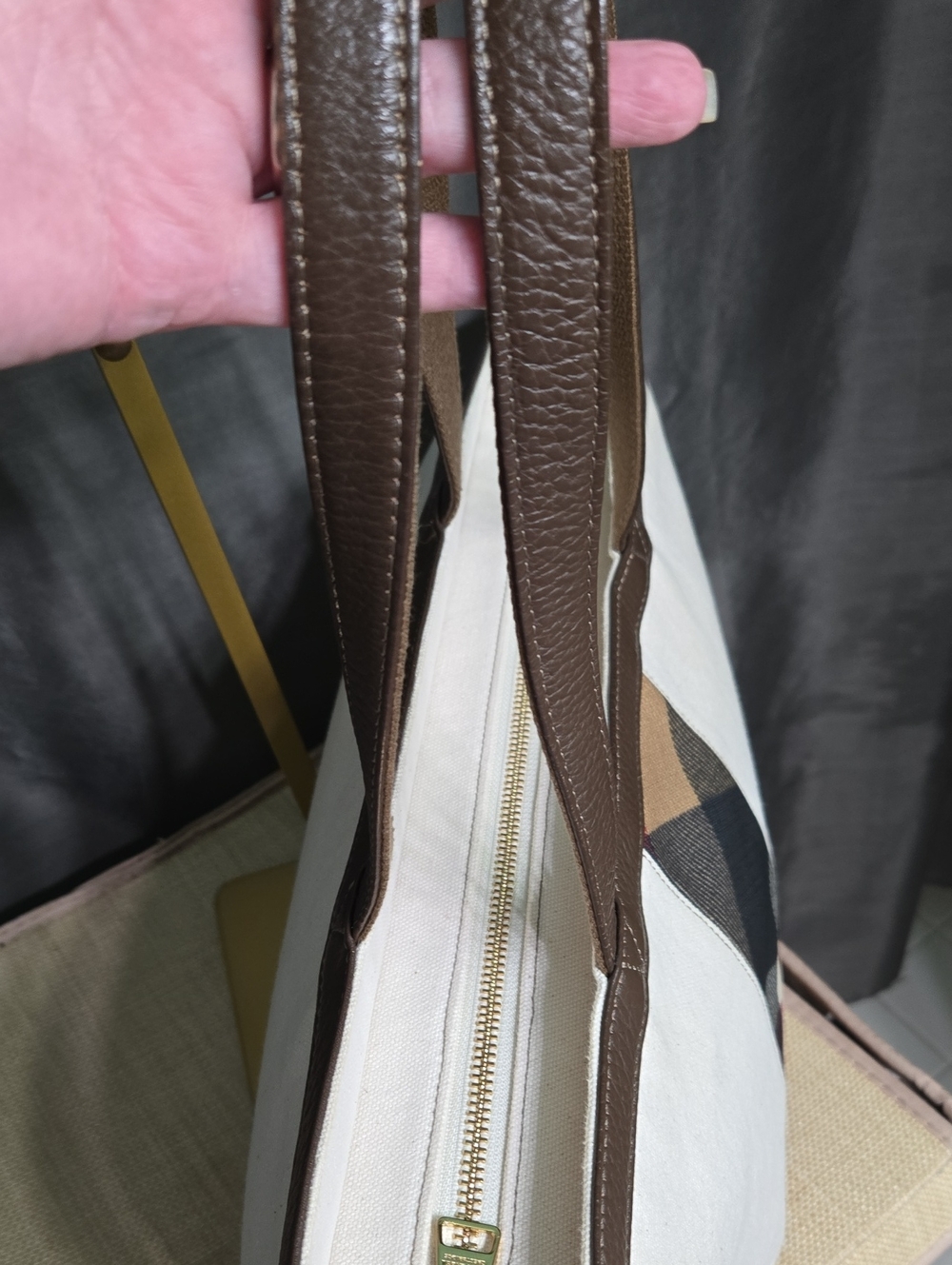 BURBERRY Blue Label Cream Canvas Tote with Brown Leather Trim and Plaid Stripe - Picture 5 of 17